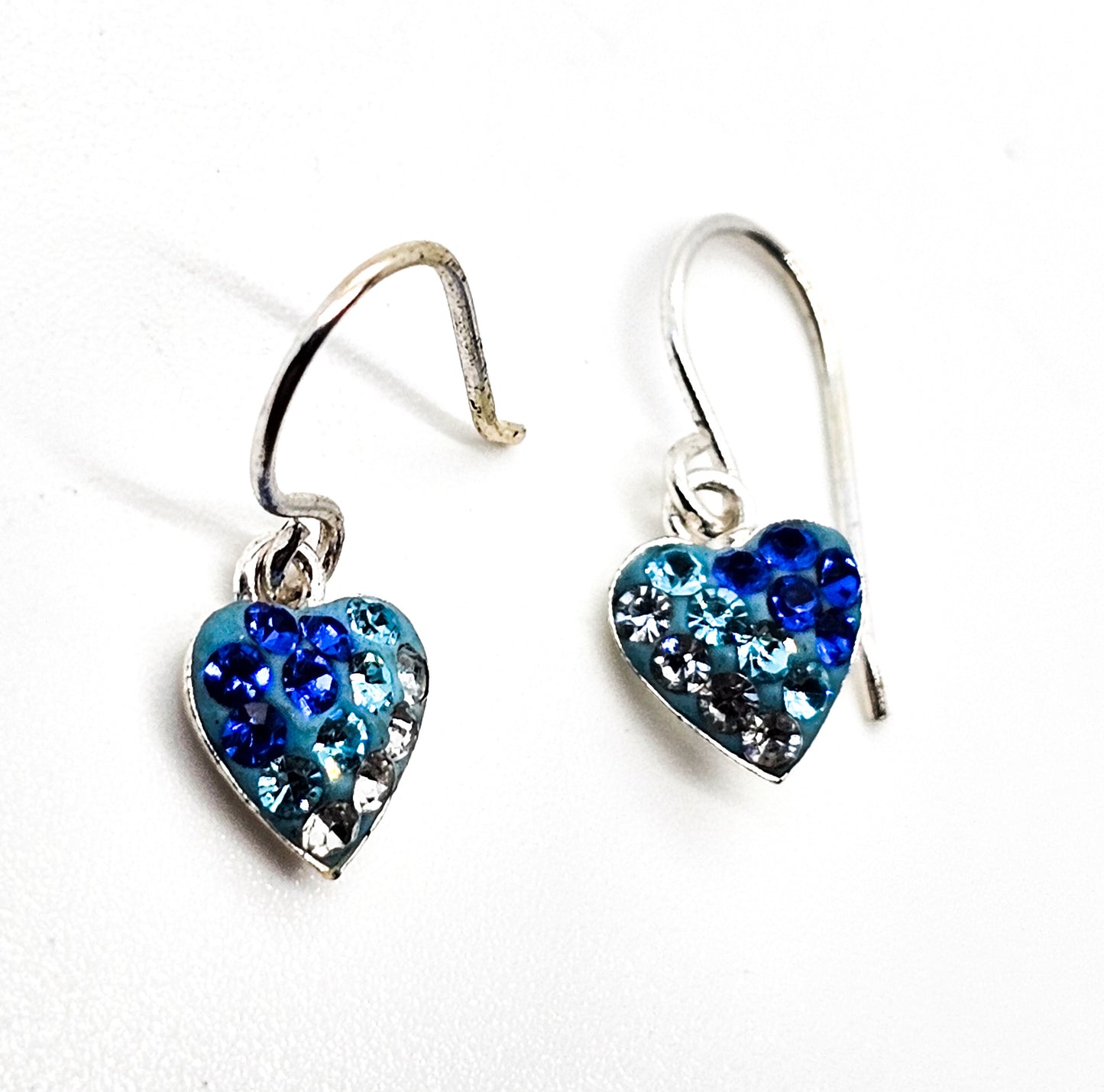 Tiny blue banded heart dangle sterling silver rhinestone earrings