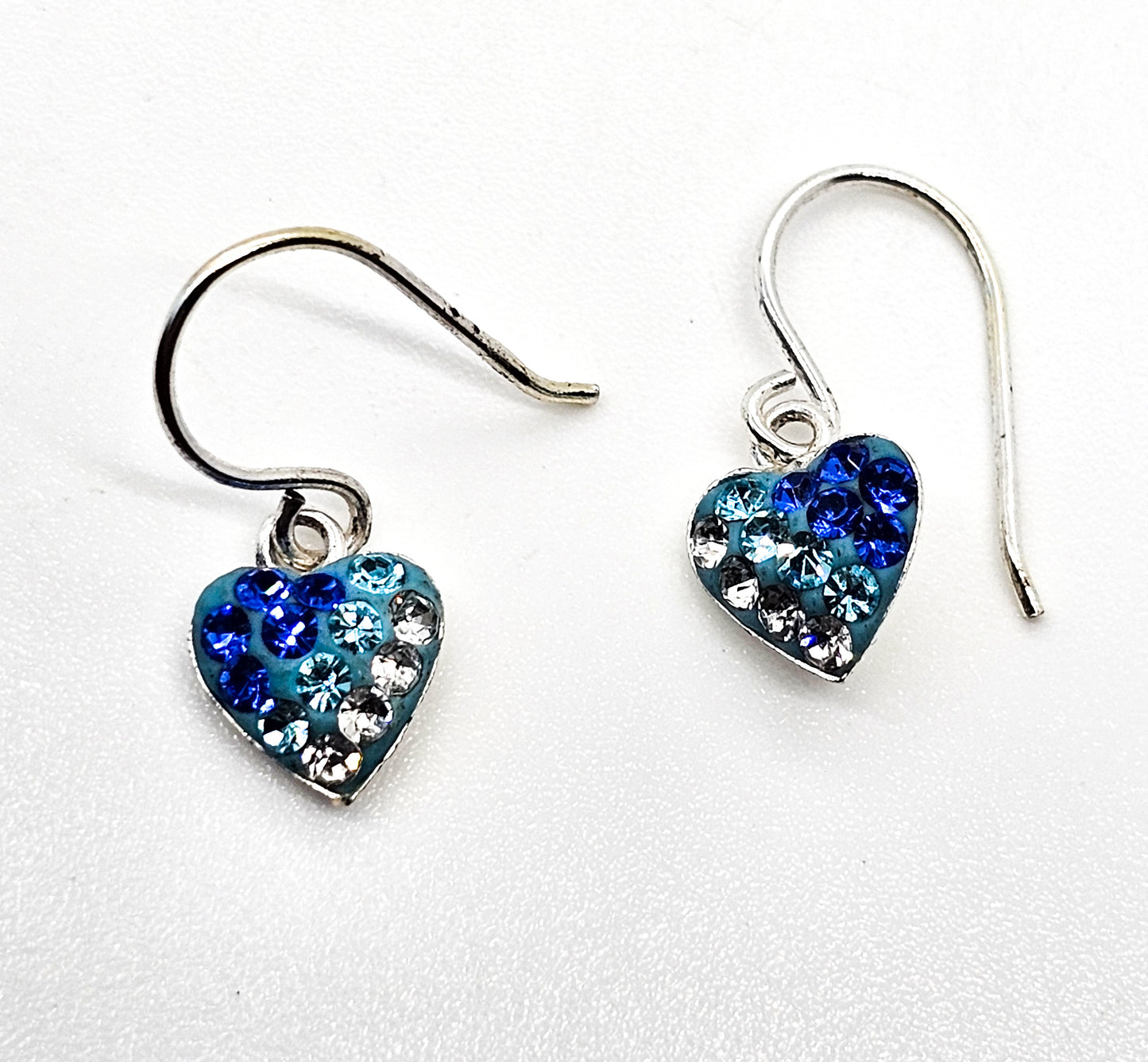 Tiny blue banded heart dangle sterling silver rhinestone earrings