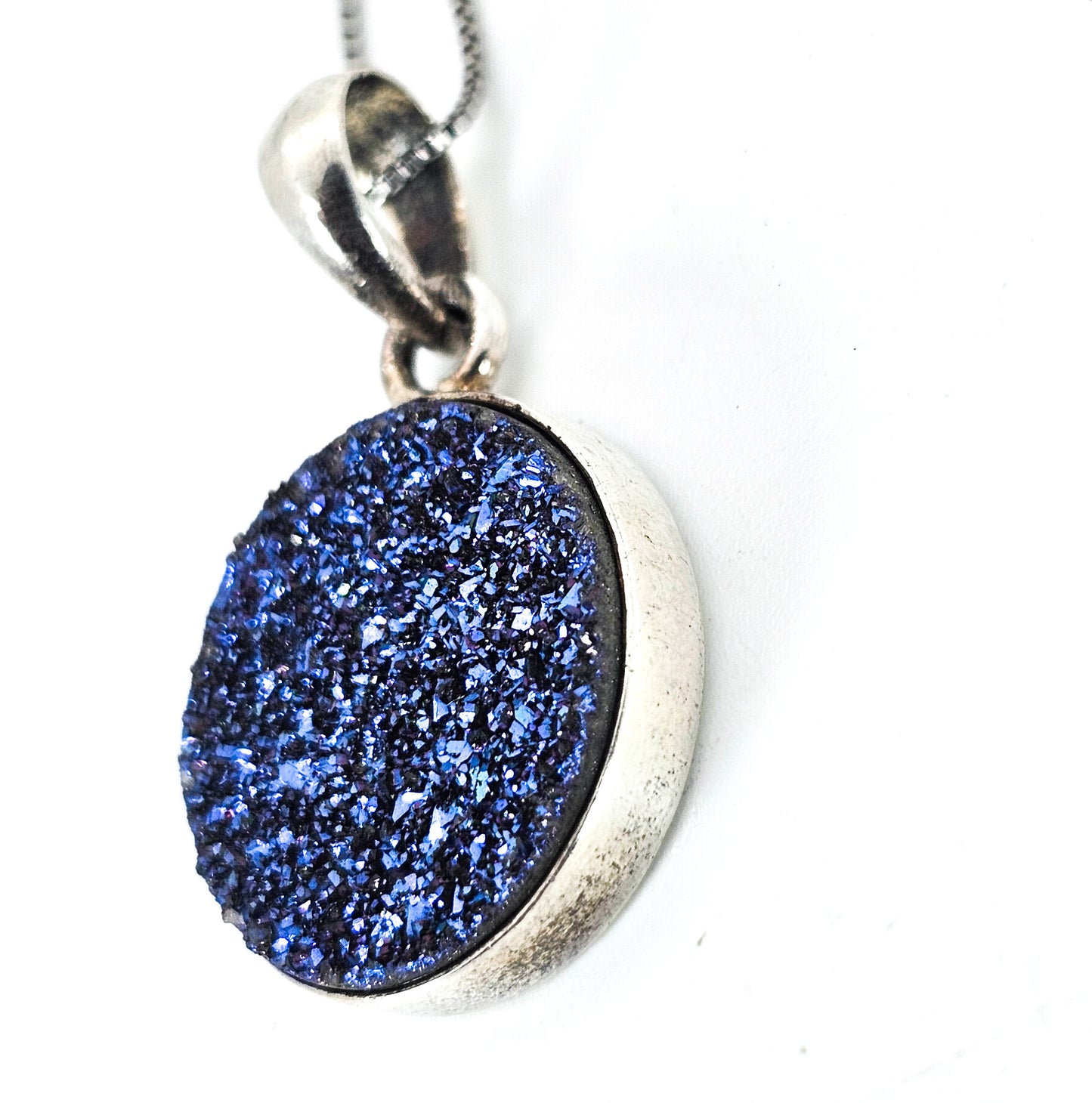 Sajen SJ Titanium blue Aura Druzy Quartz sterling silver signed pendant necklace