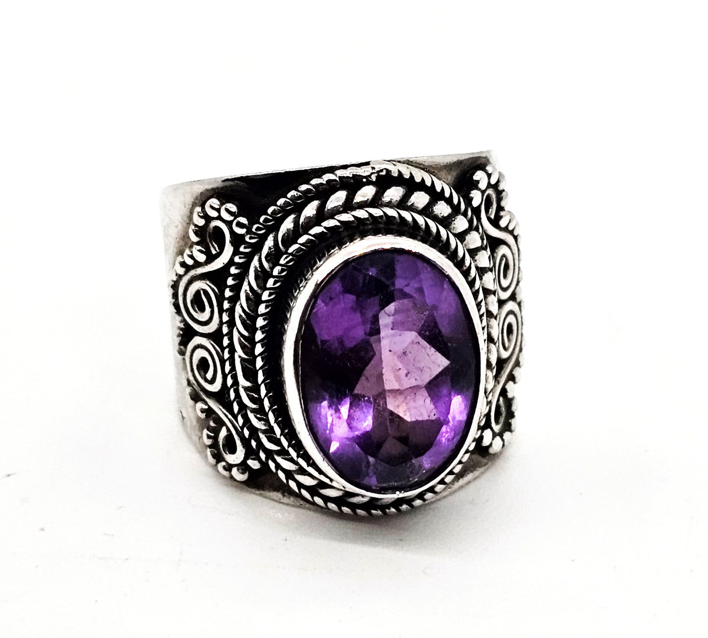 ID Balinese Amethyst purple gemstone large faceted Bali sterling silver ring size 9