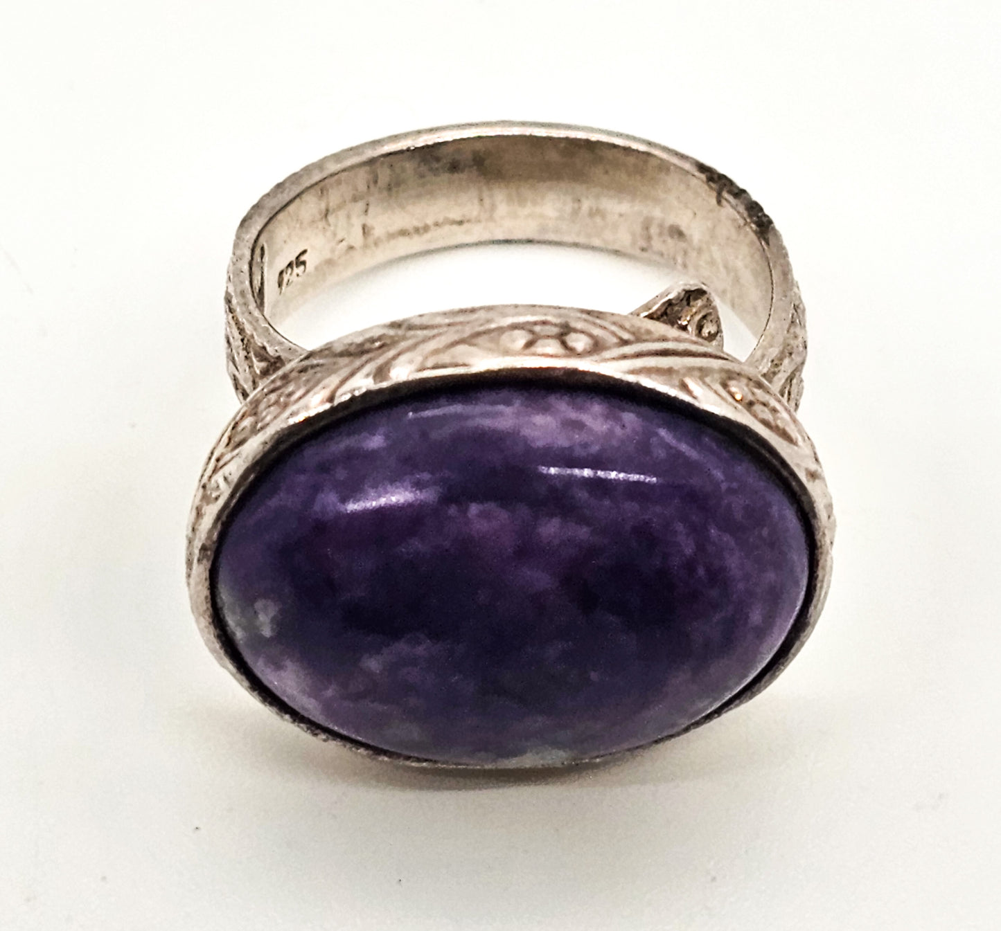 Anna King Large purple gemstone embossed signed sterling silver ring size 8