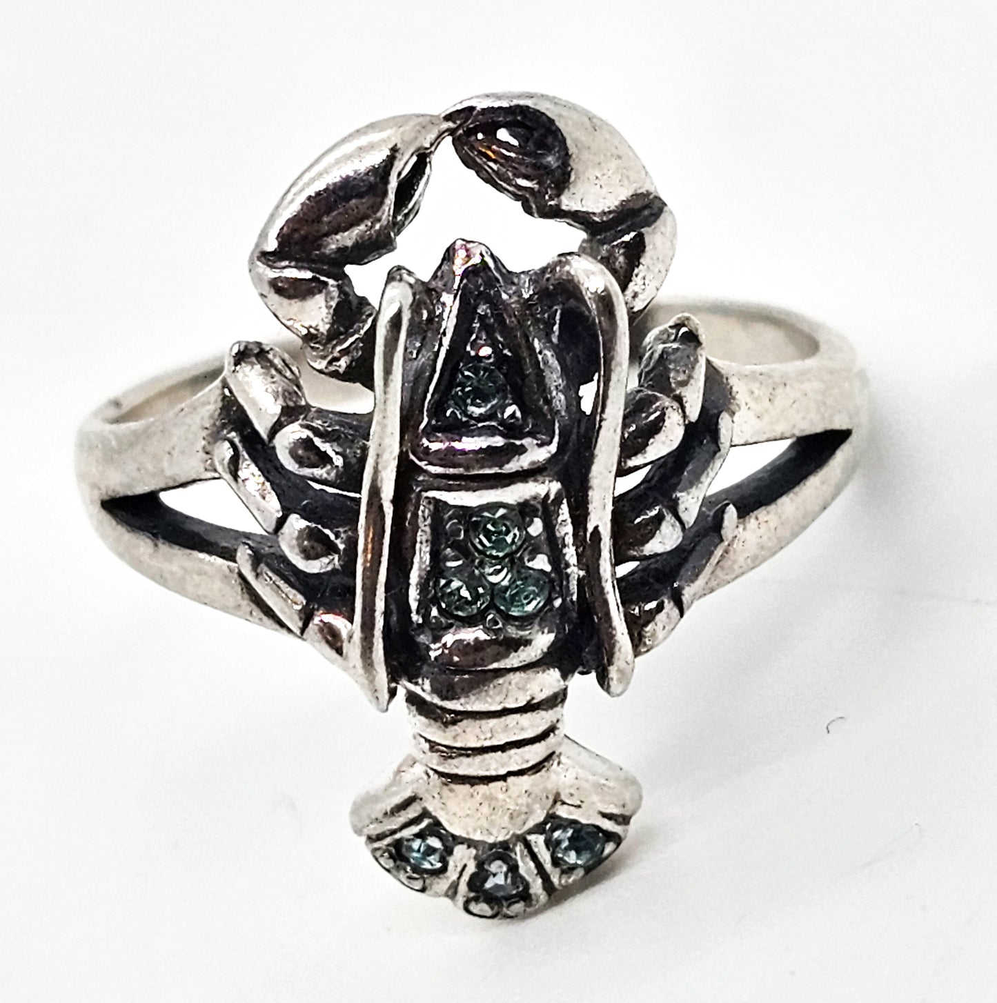 Blue Lobster unique figural blue rhinestone sterling silver ring size 9