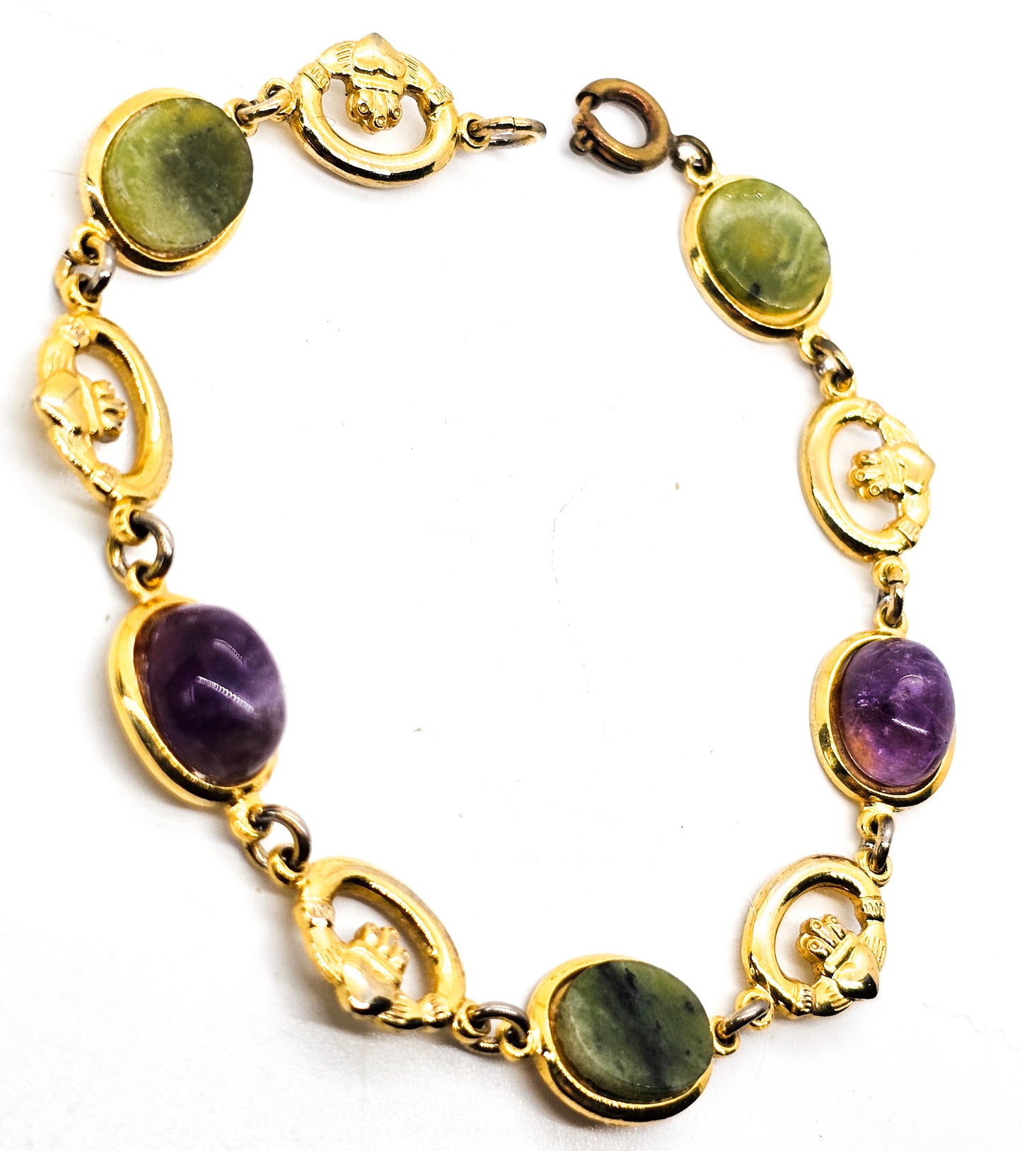 Connemara marble blarney stone amethyst gold filled vintage Claddagh Irish bracelet