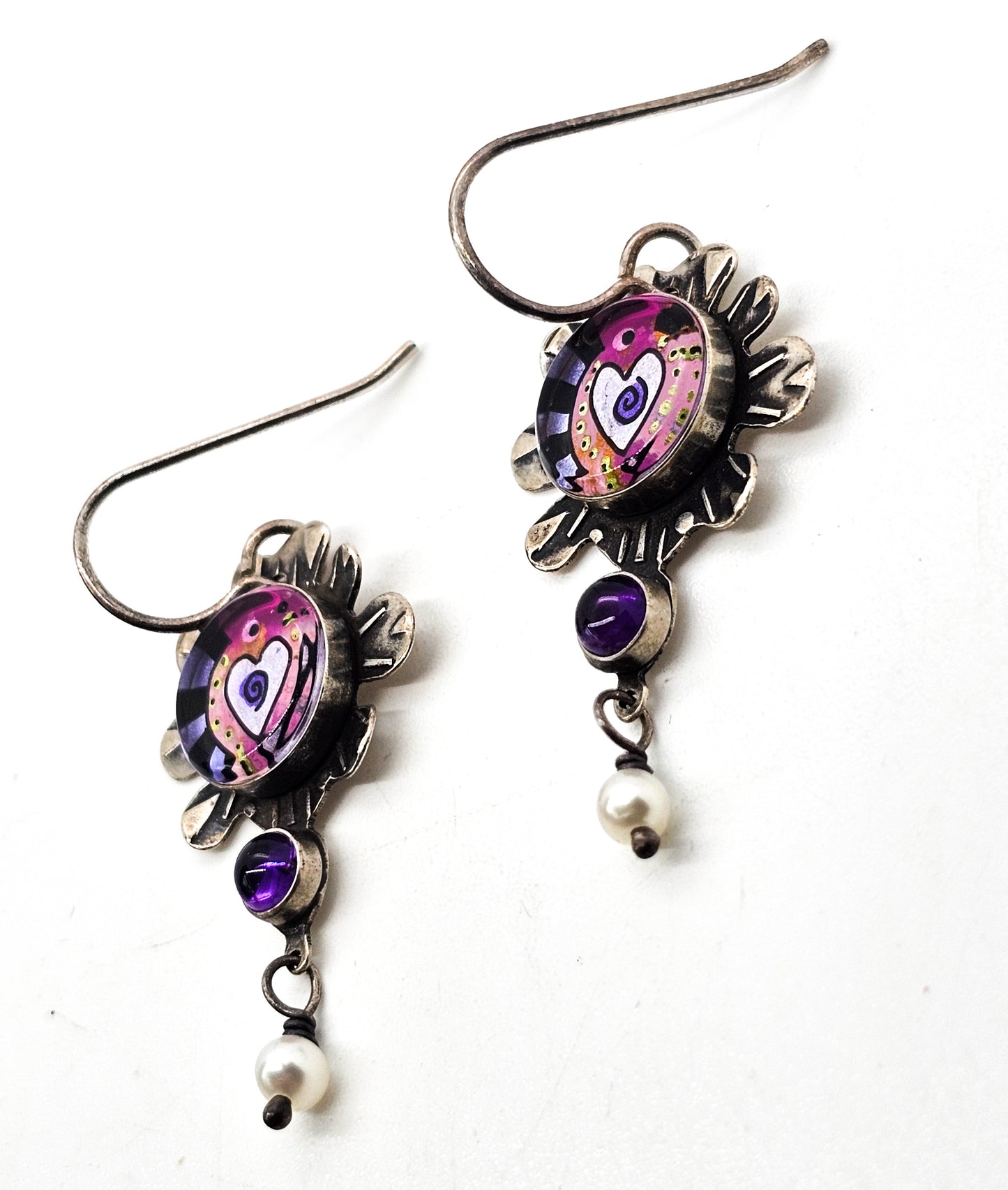 Millodot Jane Carpenter reverse painted artisan vintage sterling silver heart earrings