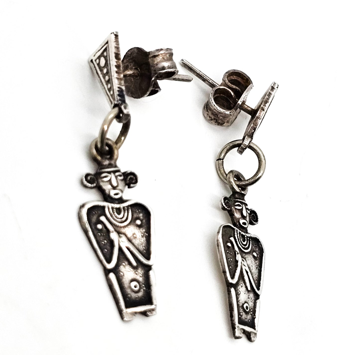 Aztec flute playing silhouette vintage 900 sterling silver post earrings