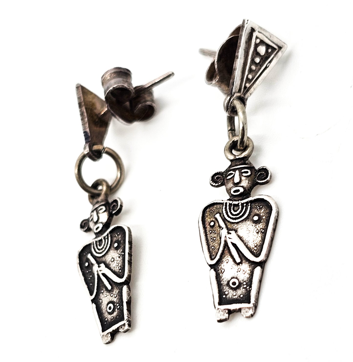 Aztec flute playing silhouette vintage 900 sterling silver post earrings