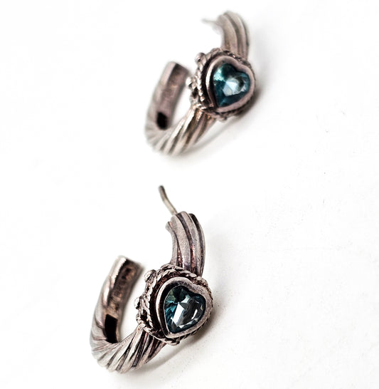 Blue topaz 14k white gold sterling silver twisted rope gemstone vintage hoop earrings