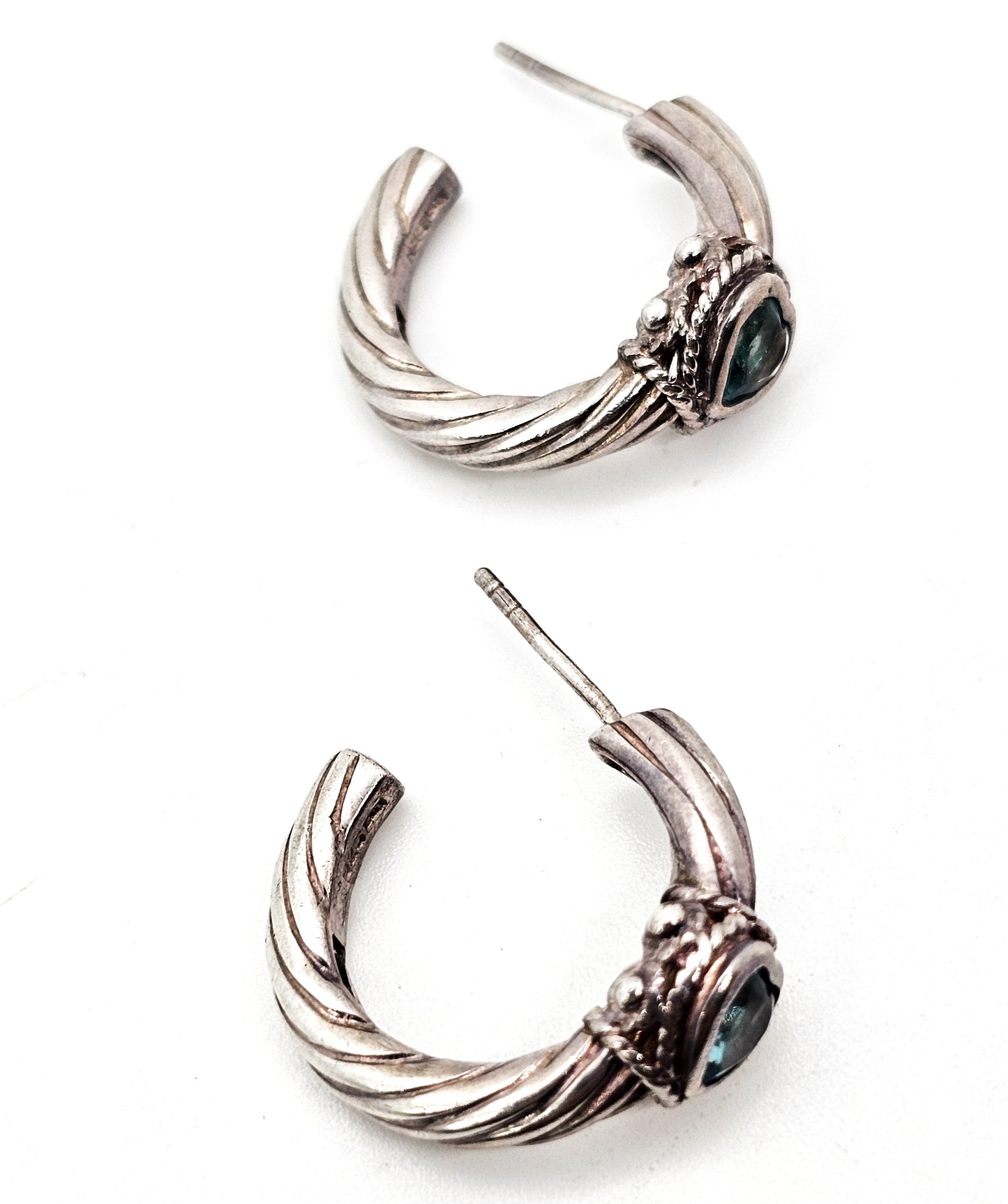 Blue topaz 14k white gold sterling silver twisted rope gemstone vintage hoop earrings