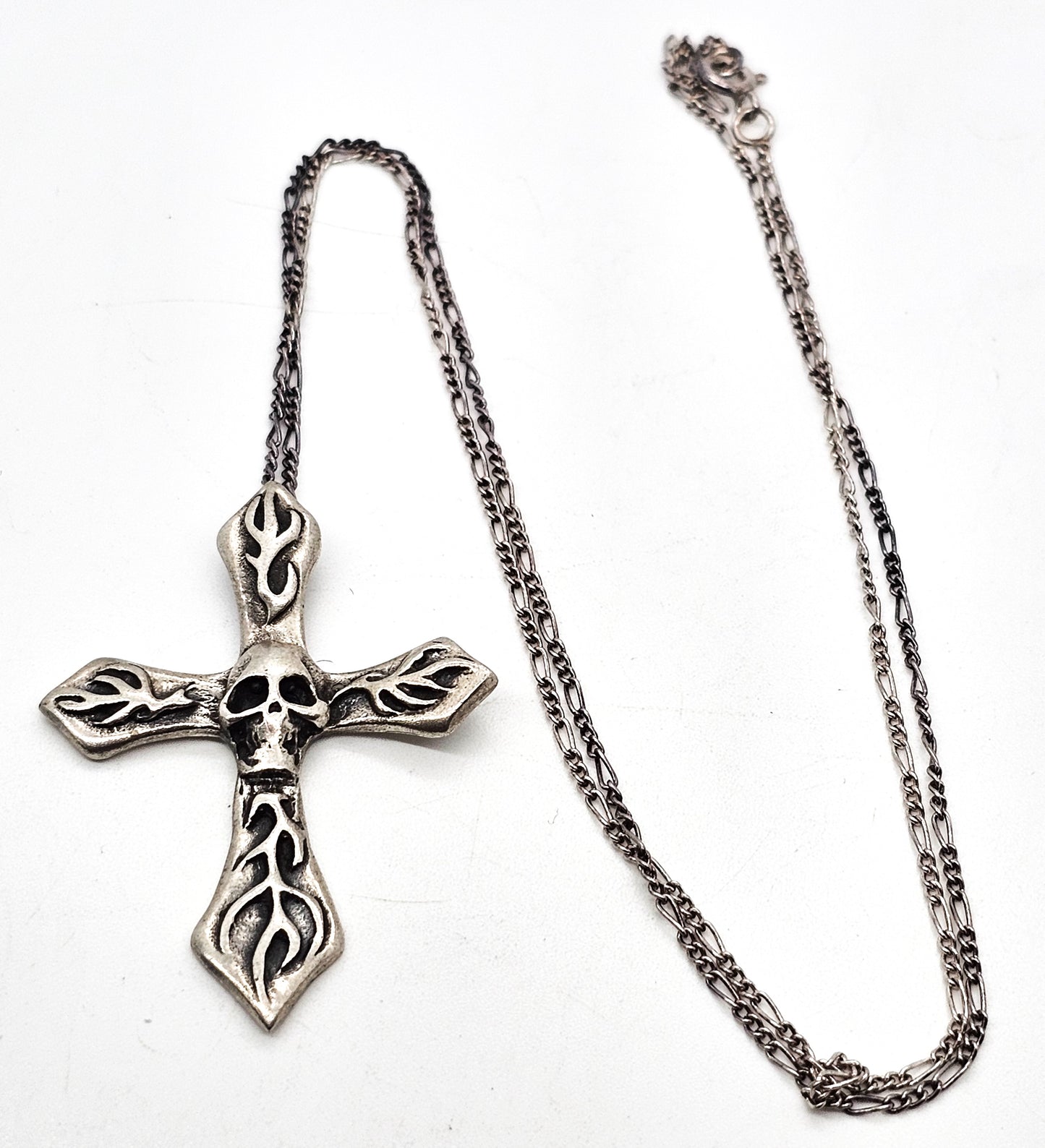 Flaming skull burning cross retro gothic vintage sterling silver pendant necklace