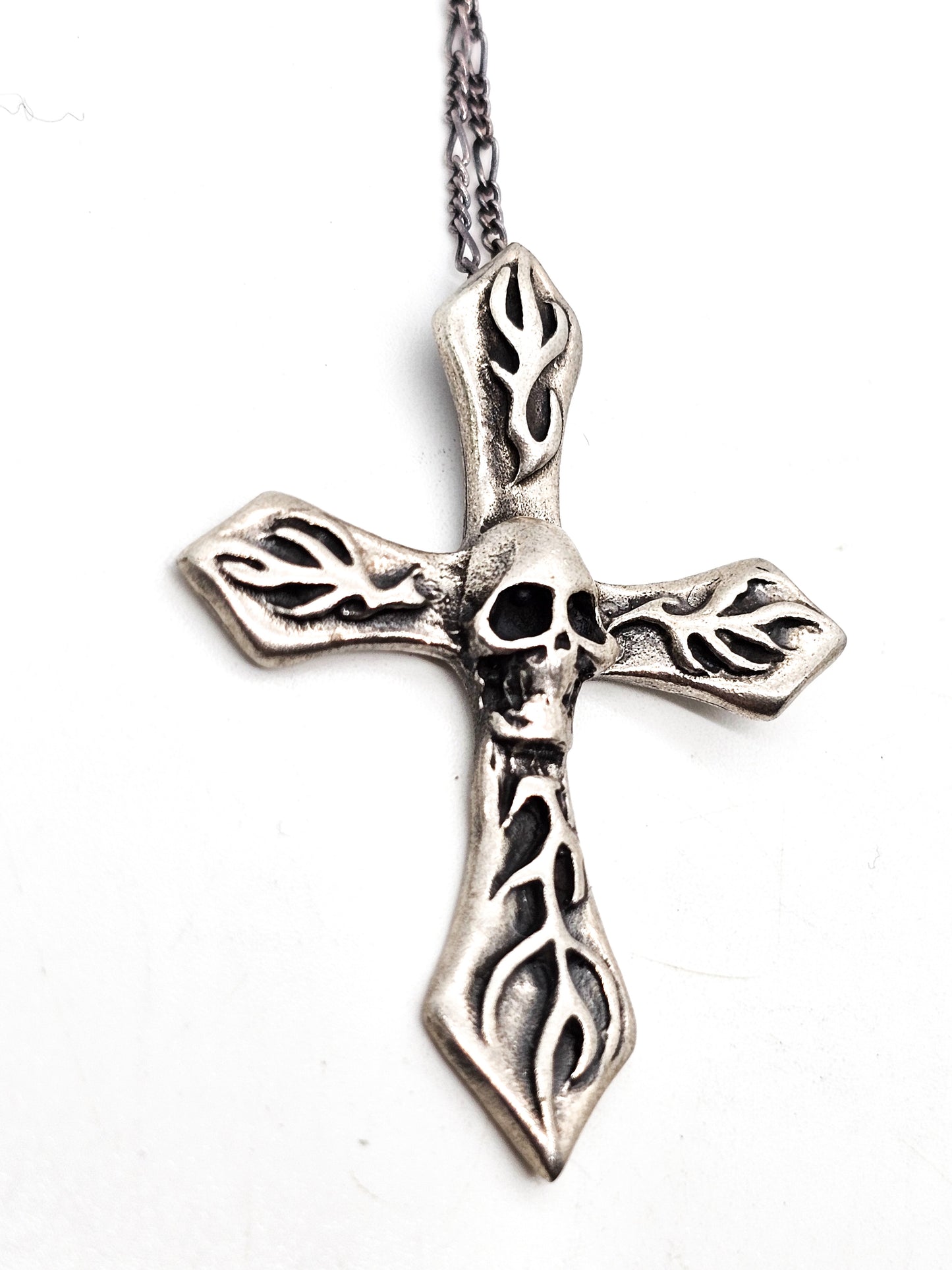 Flaming skull burning cross retro gothic vintage sterling silver pendant necklace