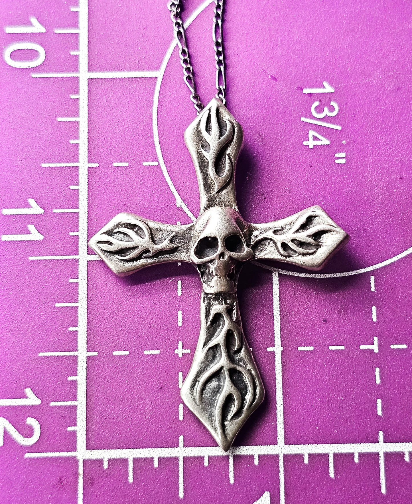Flaming skull burning cross retro gothic vintage sterling silver pendant necklace