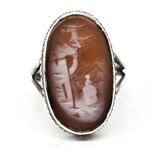 Carved shell Cameo Rebeka at the well vintage sterling silver ring size 6.5