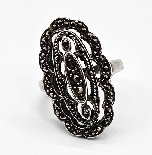 Art Deco style marcasite open work sterling silver vintage filigree ring size 5