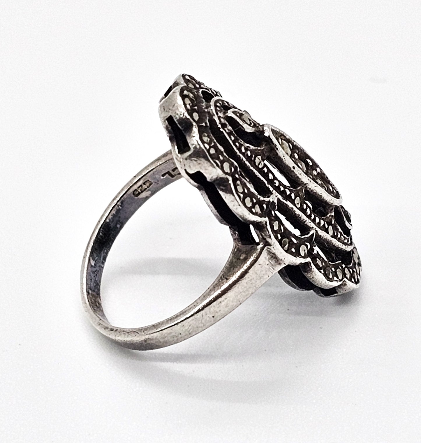 Art Deco style marcasite open work sterling silver vintage filigree ring size 5