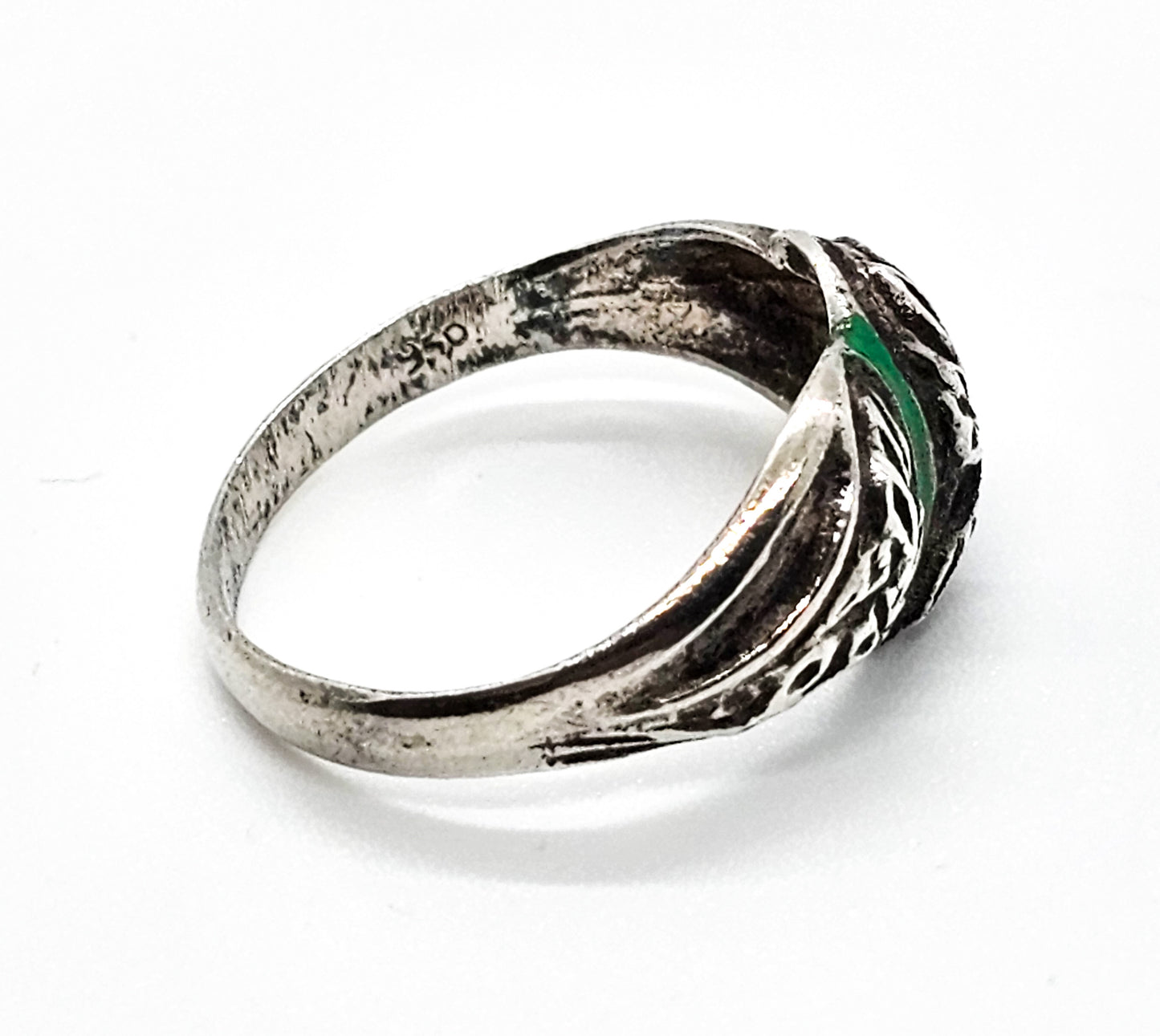 Art Nouveau Repousse  Forget me knot green enamel antique sterling silver ring size 8