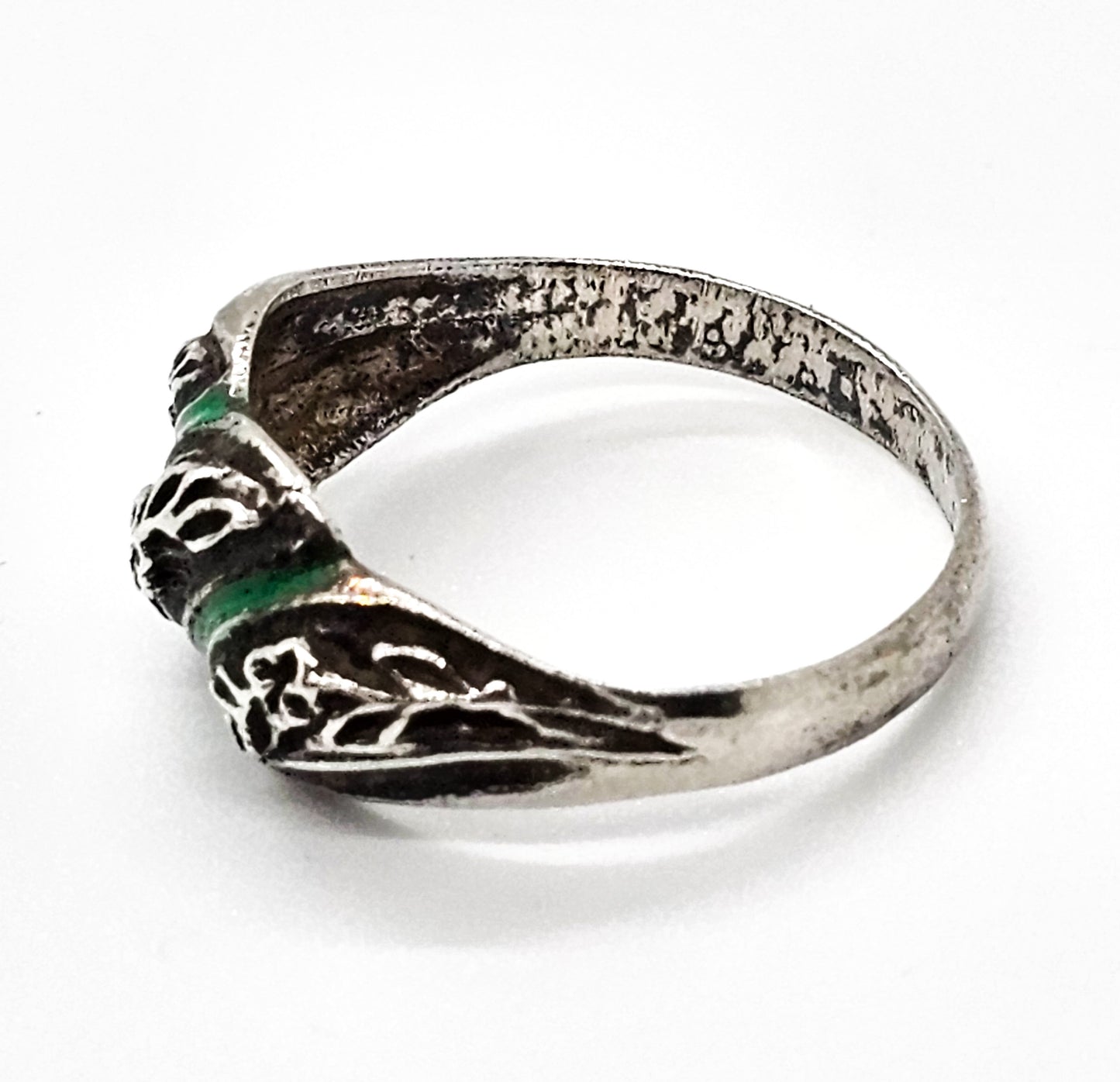 Art Nouveau Repousse  Forget me knot green enamel antique sterling silver ring size 8
