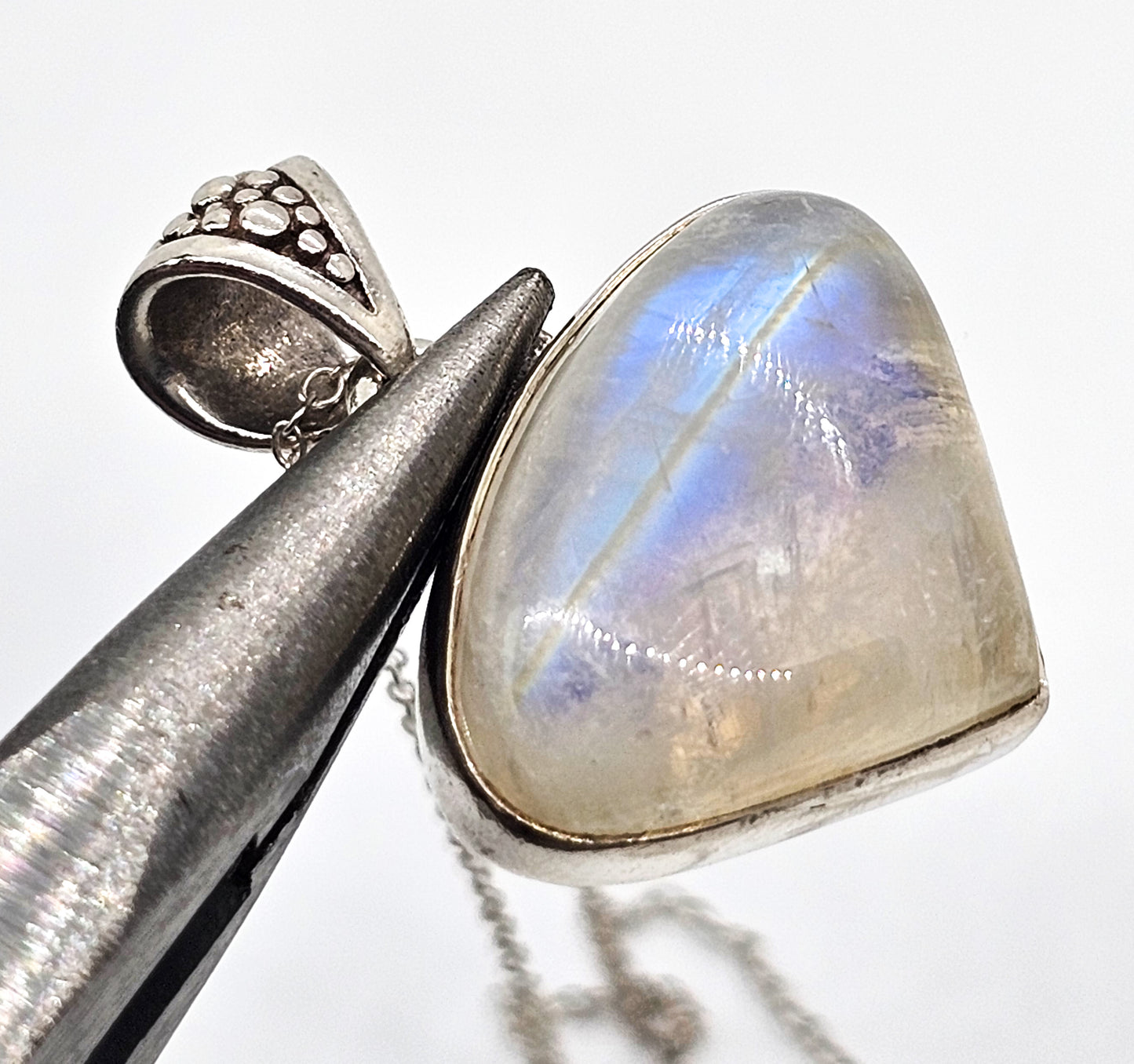 Rainbow moonstone Domed Cabochon gemstone sterling silver pendant necklace