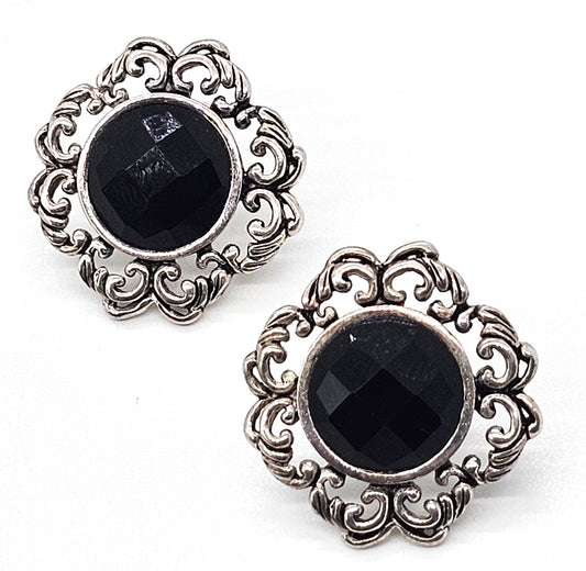 Barse signed faceted onyx and brass silver toned stud filigree earrings