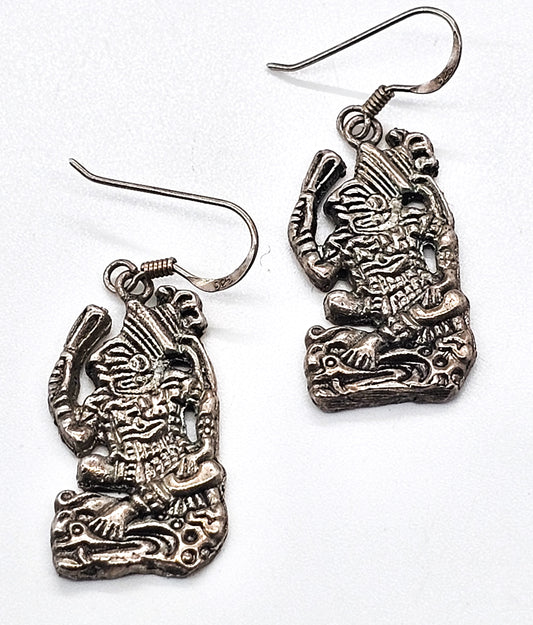 Incan tribal Tiki figure sterling silver vintage drop earrings