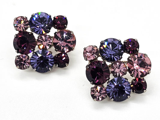 Pink and Purple flashy prong set silver toned vintage clip on earrings
