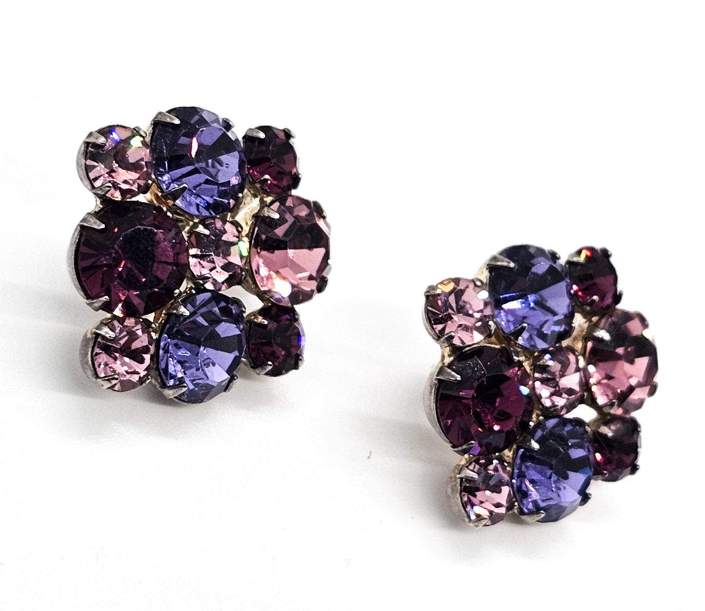 Pink and Purple flashy prong set silver toned vintage clip on earrings