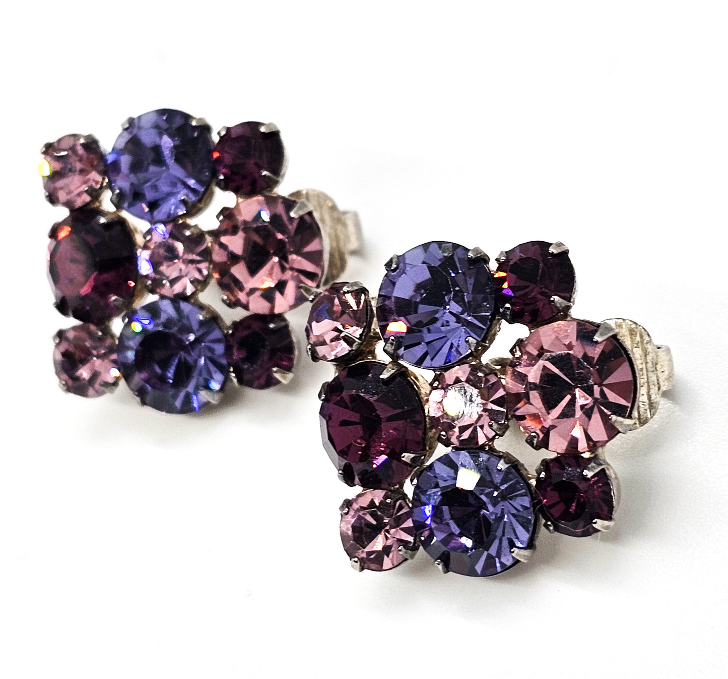 Pink and Purple flashy prong set silver toned vintage clip on earrings