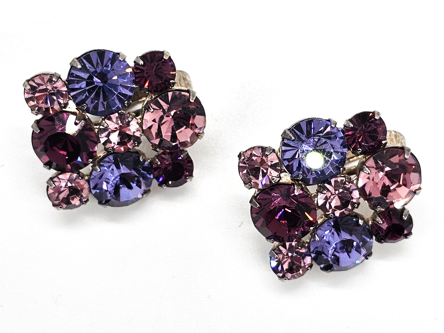 Pink and Purple flashy prong set silver toned vintage clip on earrings