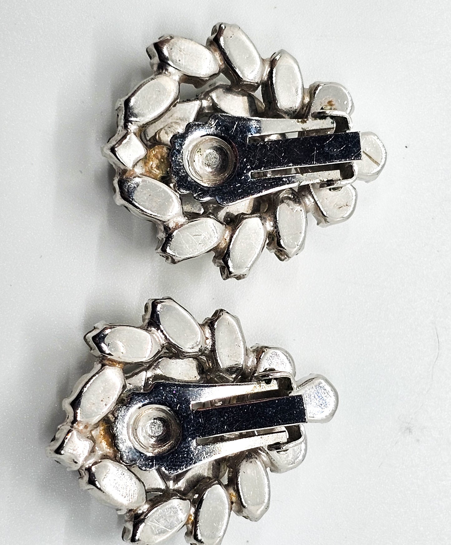 Clear pear cut double layered open work vintage rhinestone clip on earrings