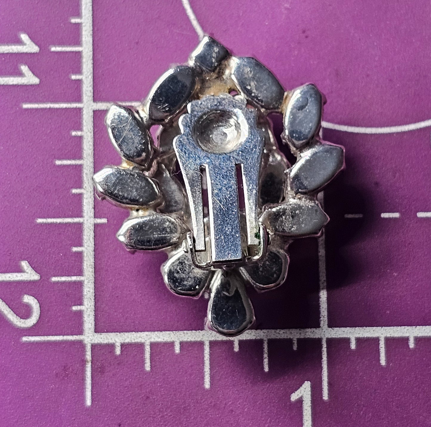 Clear pear cut double layered open work vintage rhinestone clip on earrings
