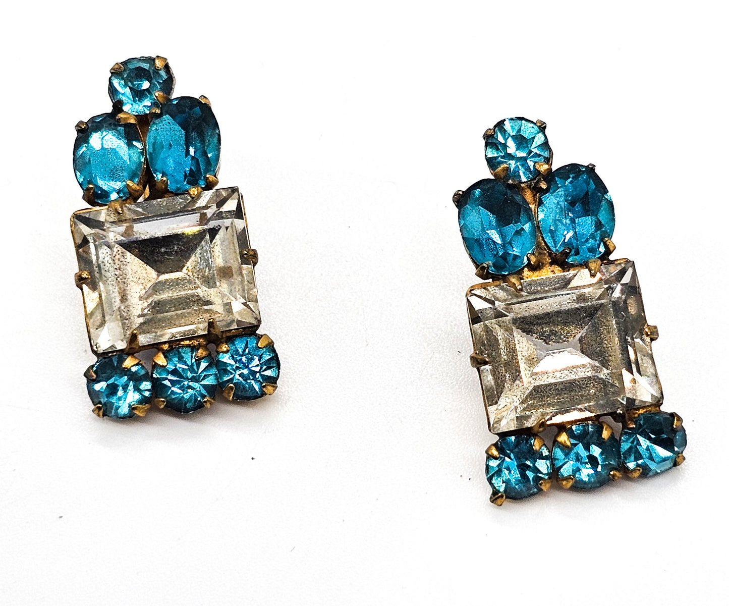 Aqua blue and white rhinestone gold toned mid century vintage clip on earrings