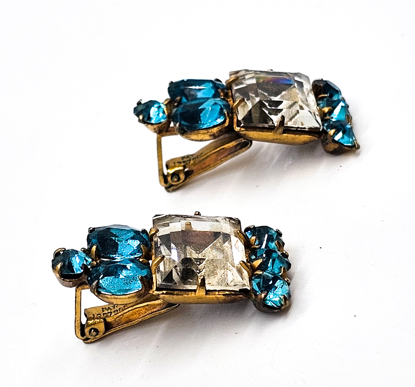 Aqua blue and white rhinestone gold toned mid century vintage clip on earrings