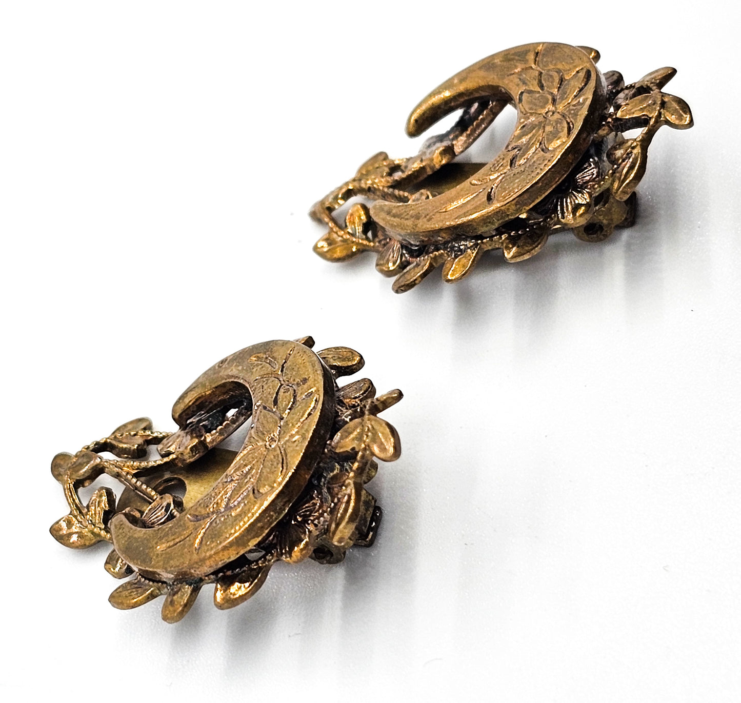 Victorian Revival Crescent Moon etched flower and ivy gold filled vintage clip on earrings