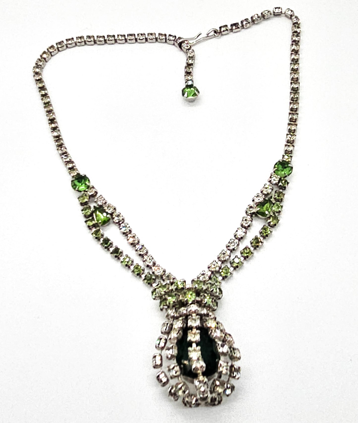 Green caged pendant vintage rhinestone holiday statement necklace