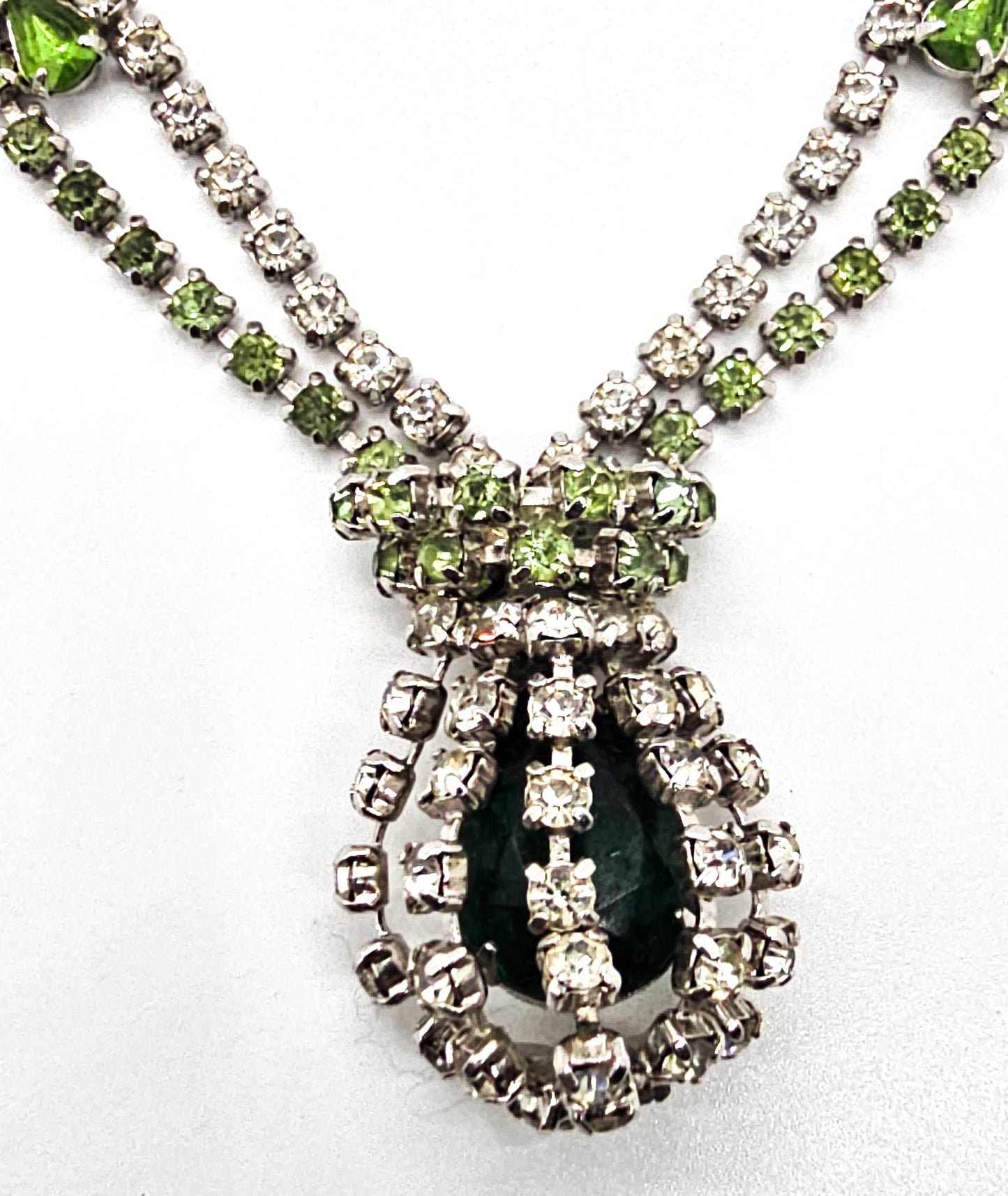 Green caged pendant vintage rhinestone holiday statement necklace