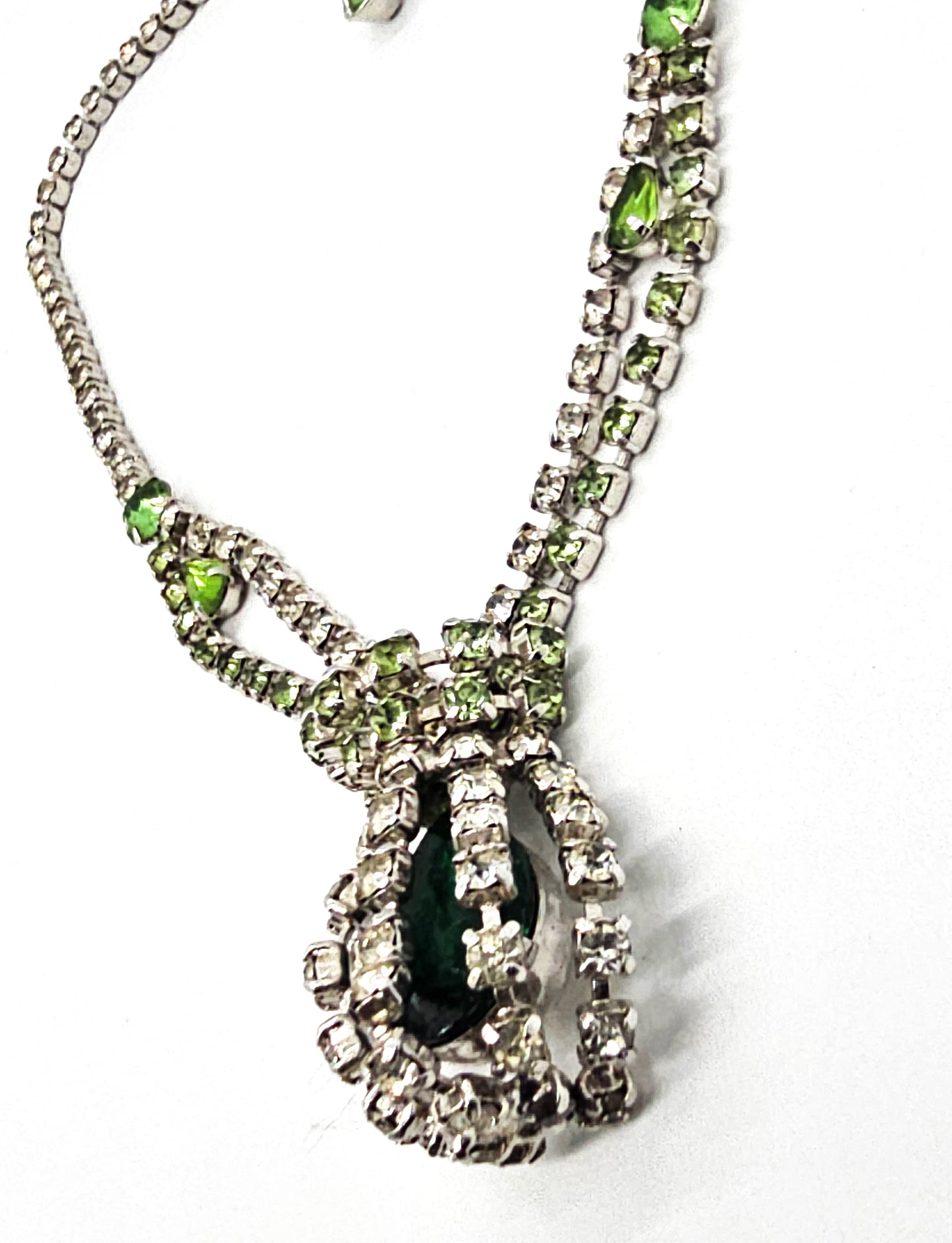 Green caged pendant vintage rhinestone holiday statement necklace