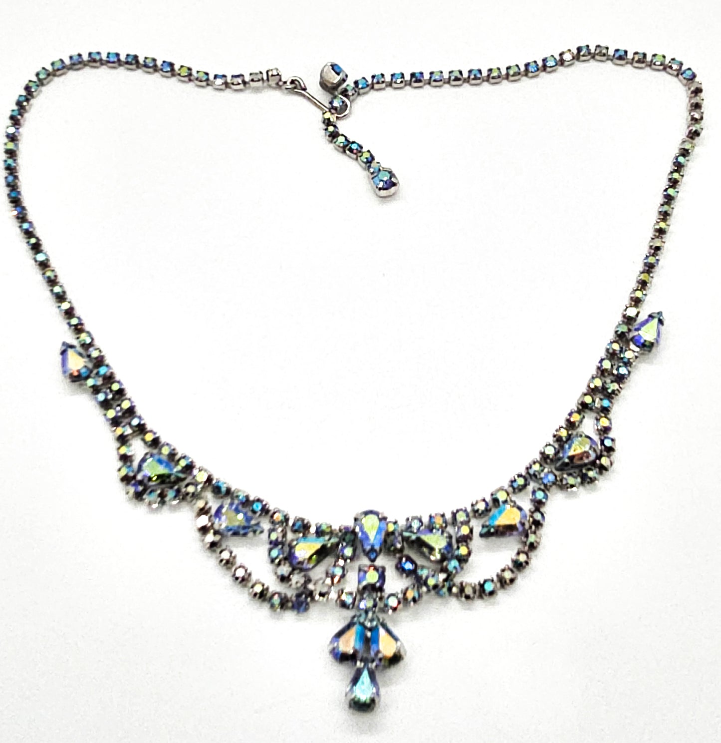 Blue Aurora Borealis rainbow vintage rhinestone statement necklace