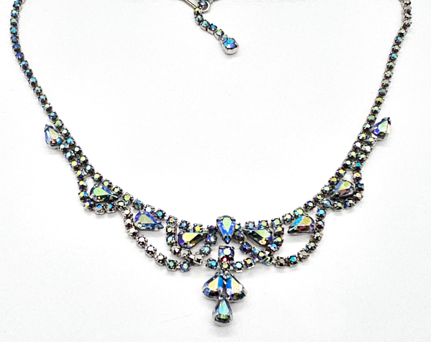 Blue Aurora Borealis rainbow vintage rhinestone statement necklace