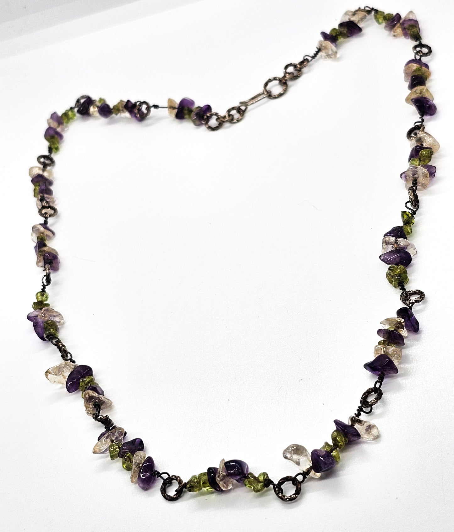 Amethyst, Peridot and Quartz chip vintage artisan sterling silver twisted hoop necklace