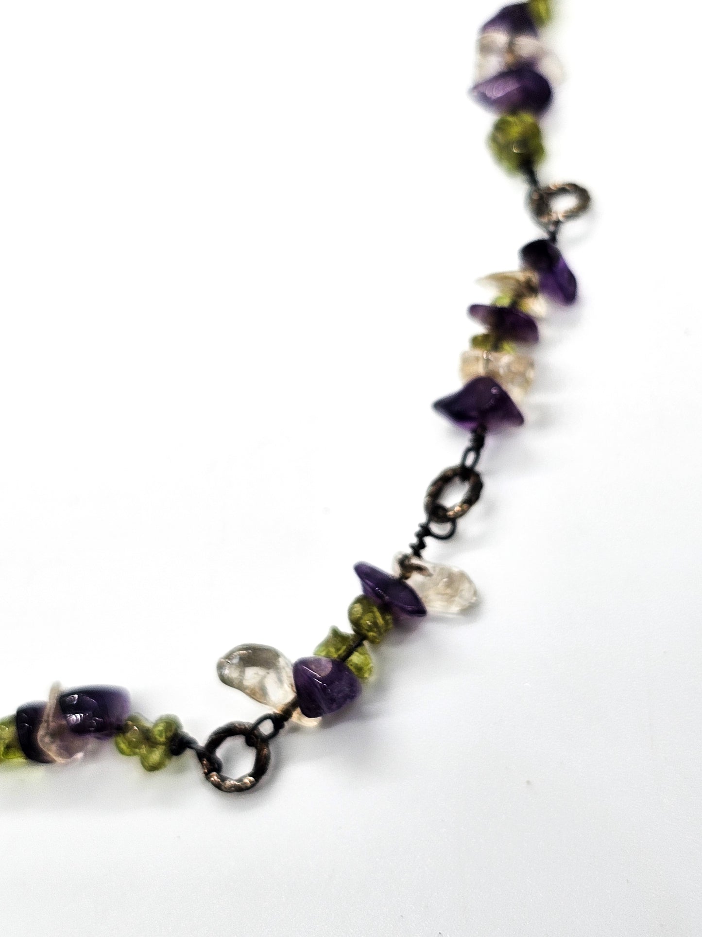 Amethyst, Peridot and Quartz chip vintage artisan sterling silver twisted hoop necklace