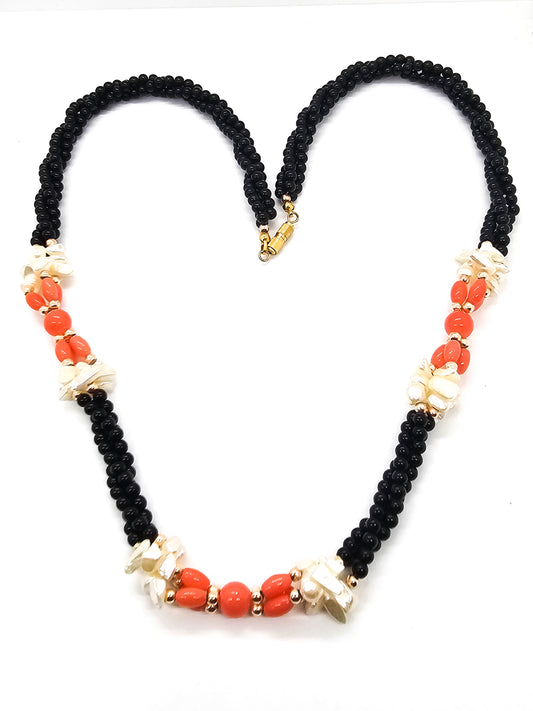 Black onyx twisted gemstone genuine pearl and coral vintage beaded necklace