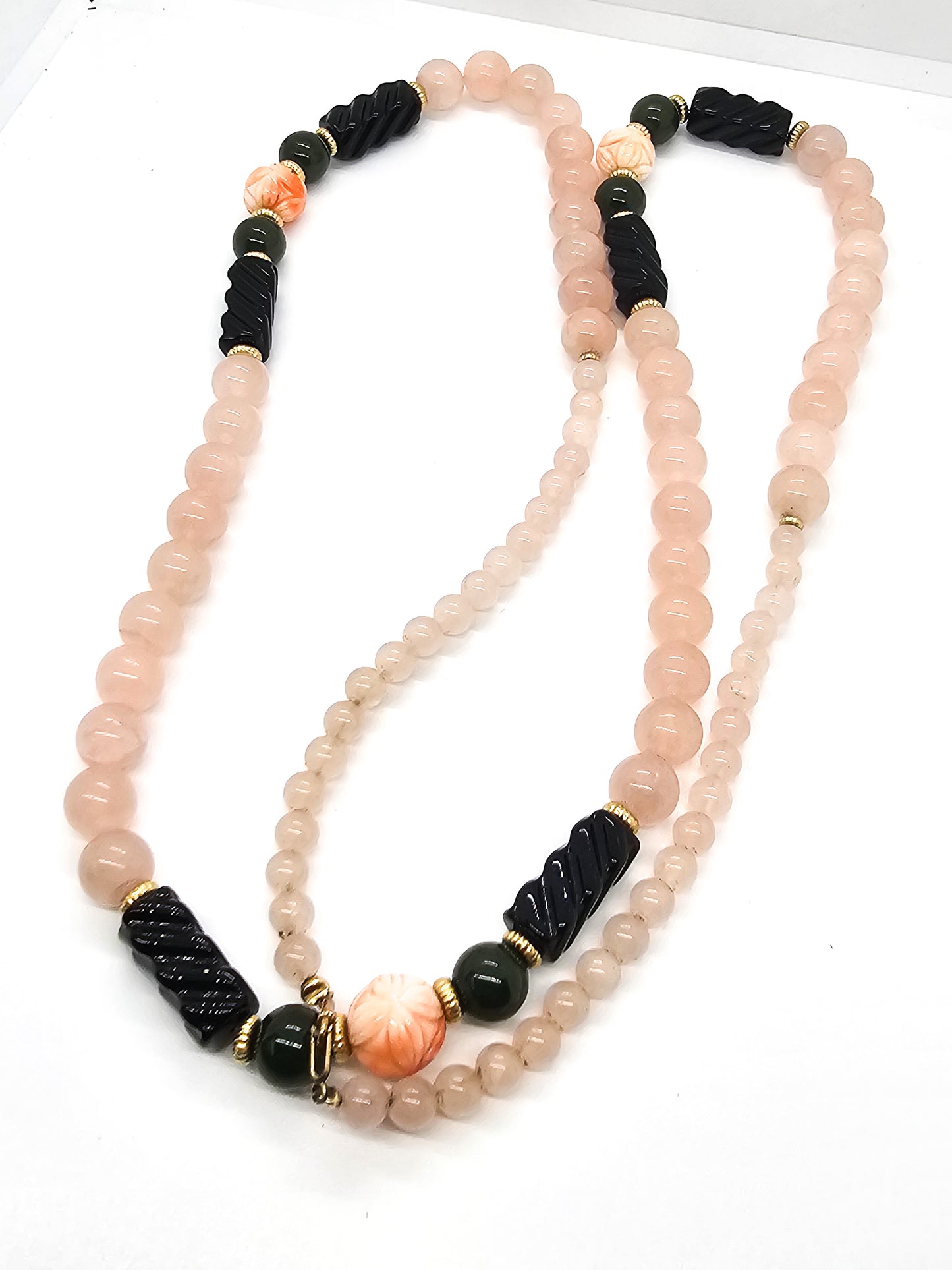 Rose Quartz, Jade, Onyx and Angel Skin Coral vintage long beaded 14k gold necklace
