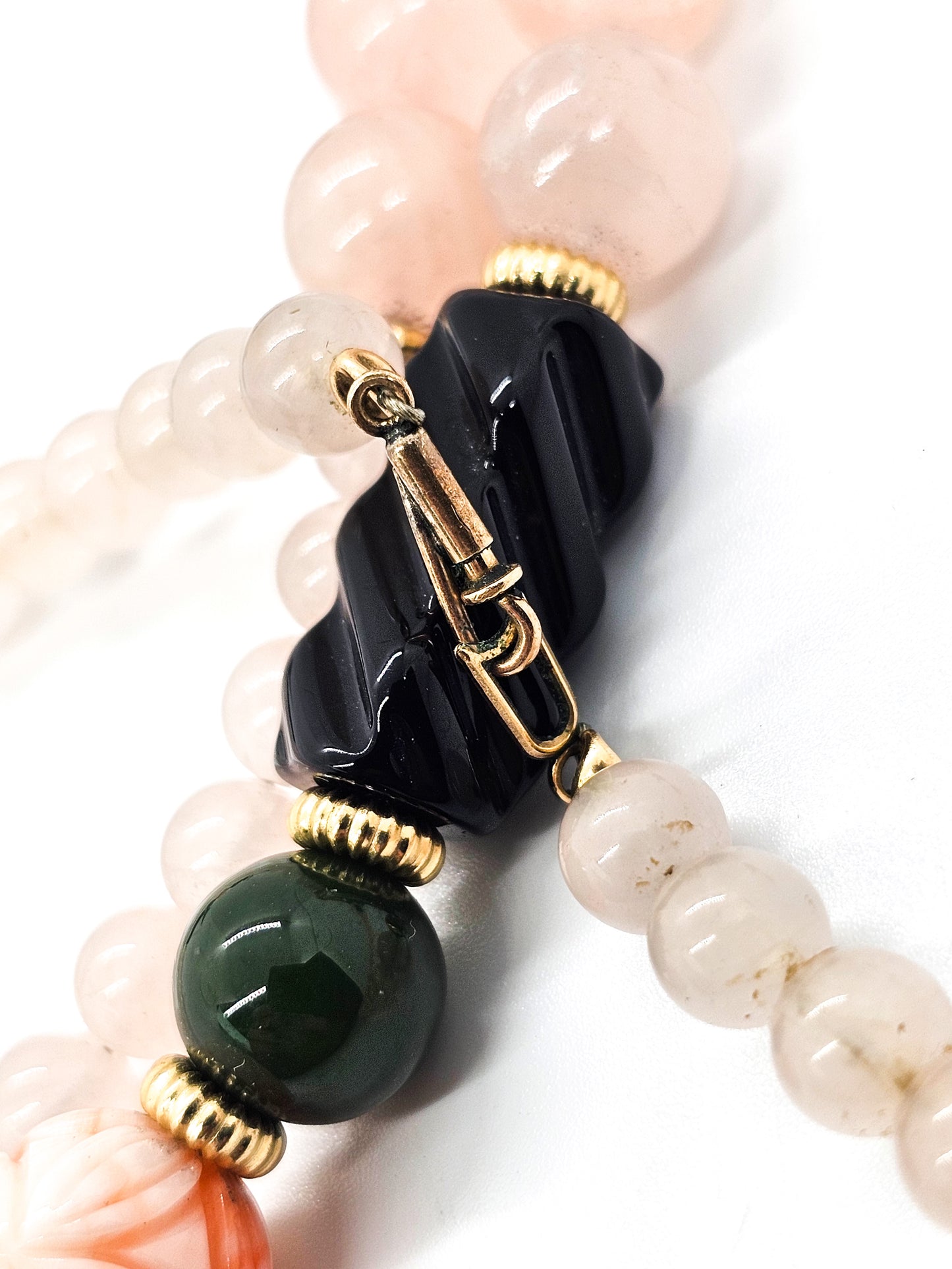 Rose Quartz, Jade, Onyx and Angel Skin Coral vintage long beaded 14k gold necklace