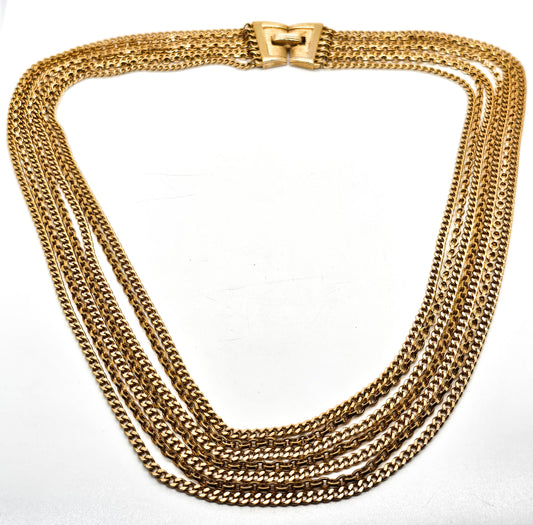 Crown Trifari gold toned 7 layer vintage chain necklace with fold over clasp