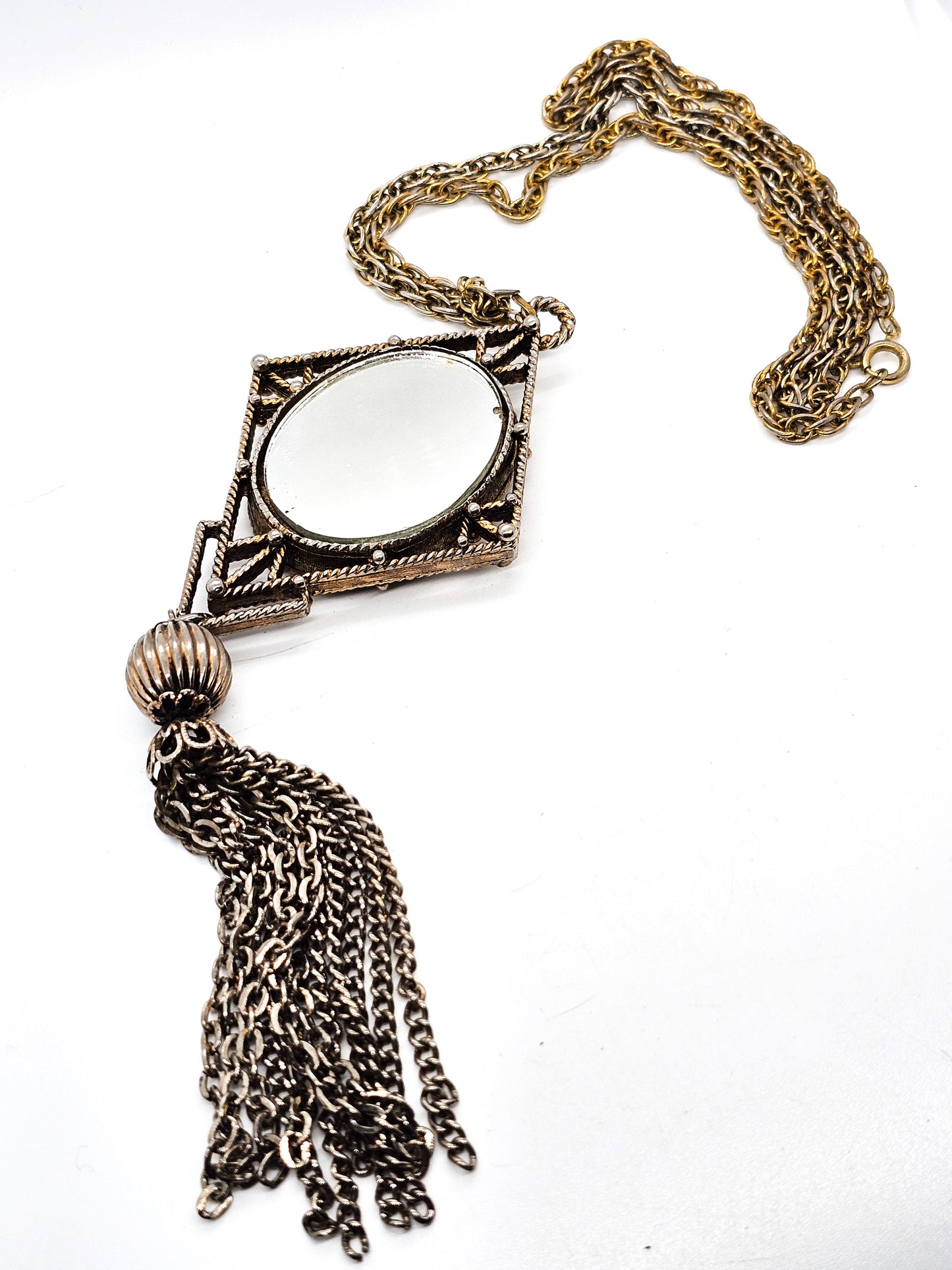 Courting Couple cameo tassel vintage pendant necklace with mirror on long chain