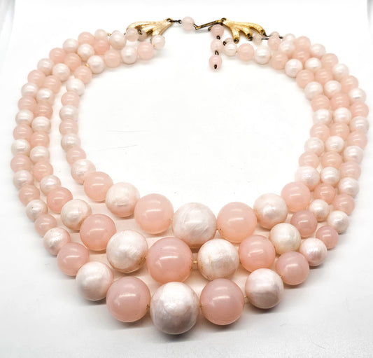 Bubble Gum Pink Lucite three strand vintage beaded German mid century necklace