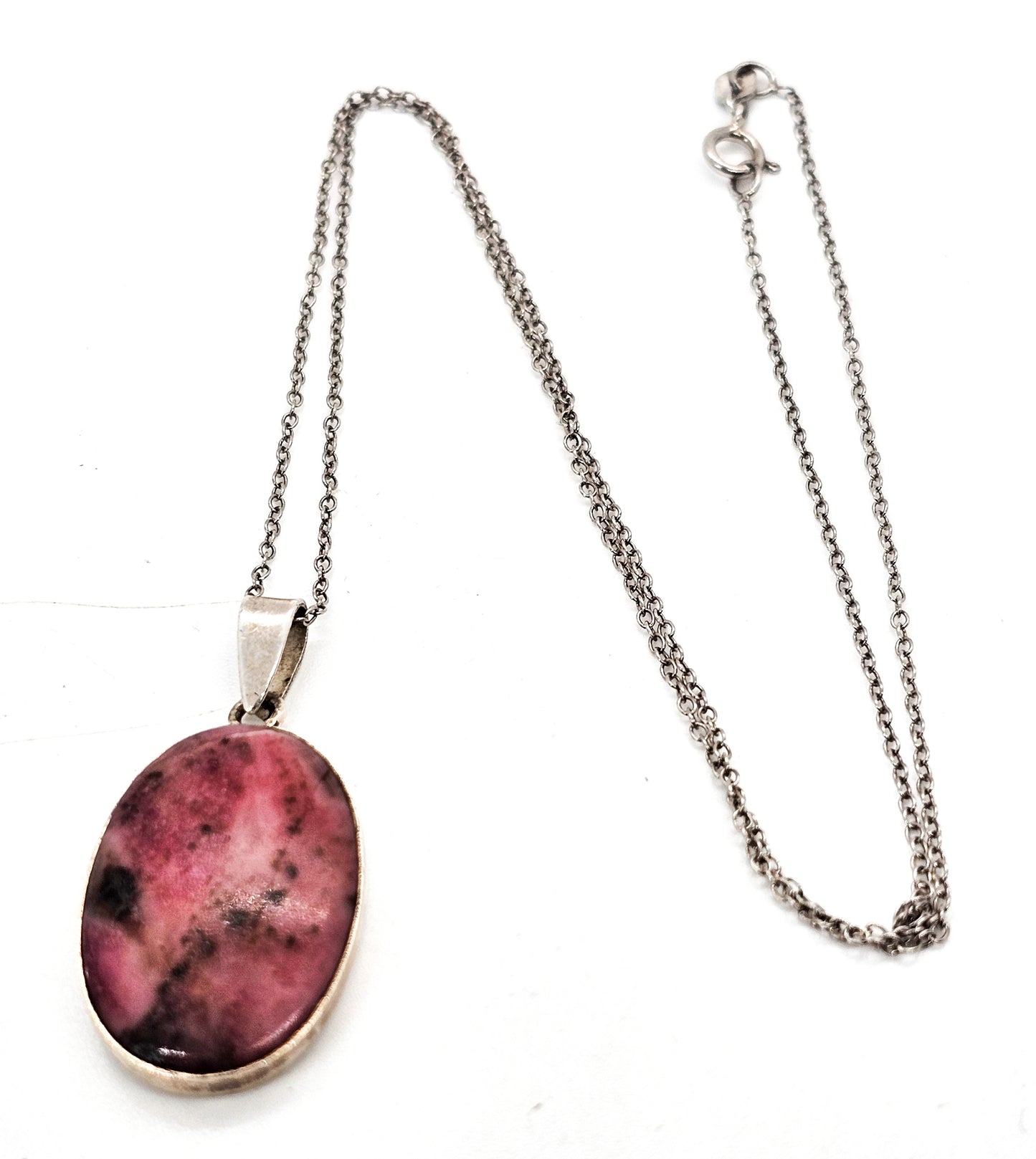 Rhodonite pink and black gemstone sterling silver pendant necklace