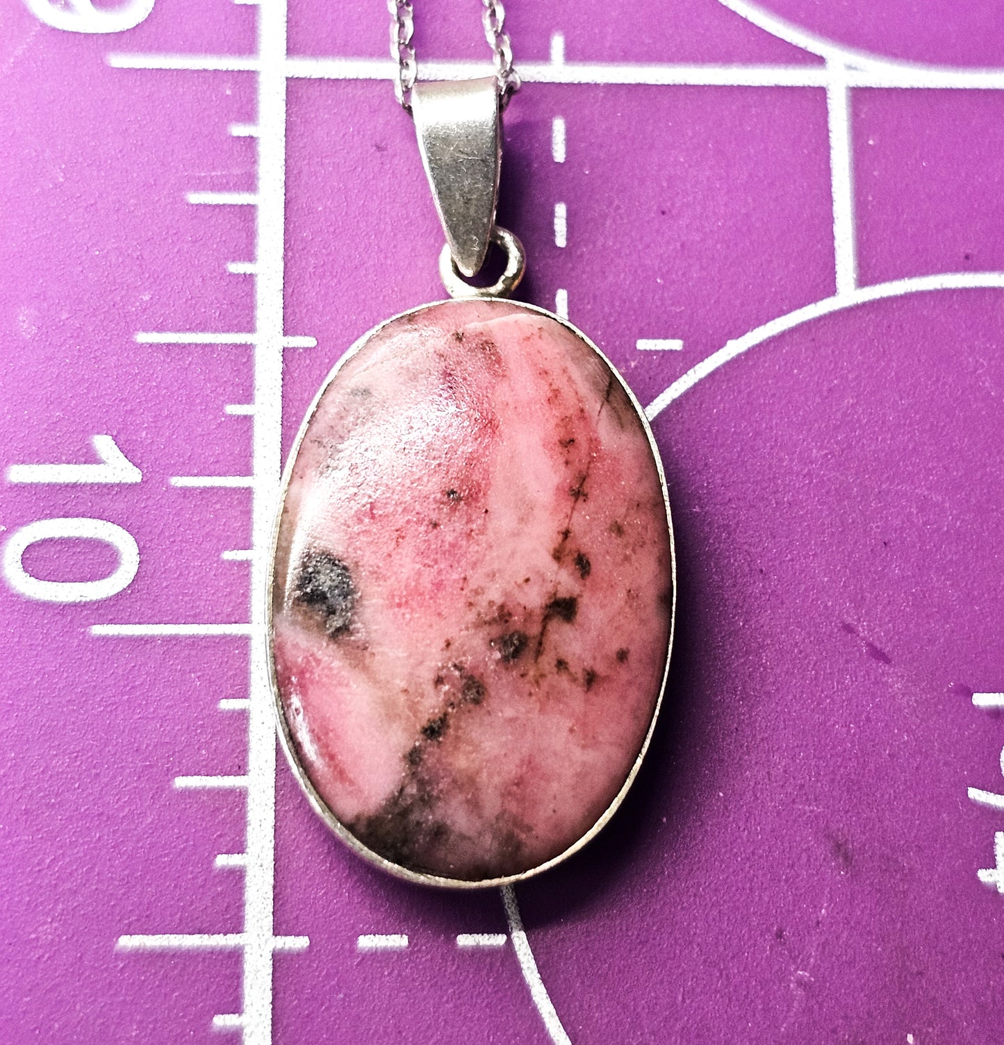 Rhodonite pink and black gemstone sterling silver pendant necklace
