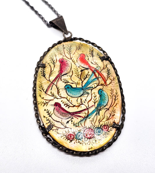 Persian Bird Painted shell Mother of Pearl vintage sterling silver pendant necklace