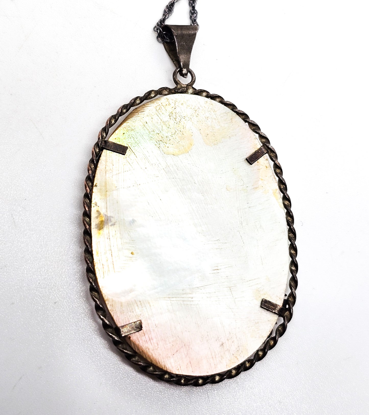 Persian Bird Painted shell Mother of Pearl vintage sterling silver pendant necklace