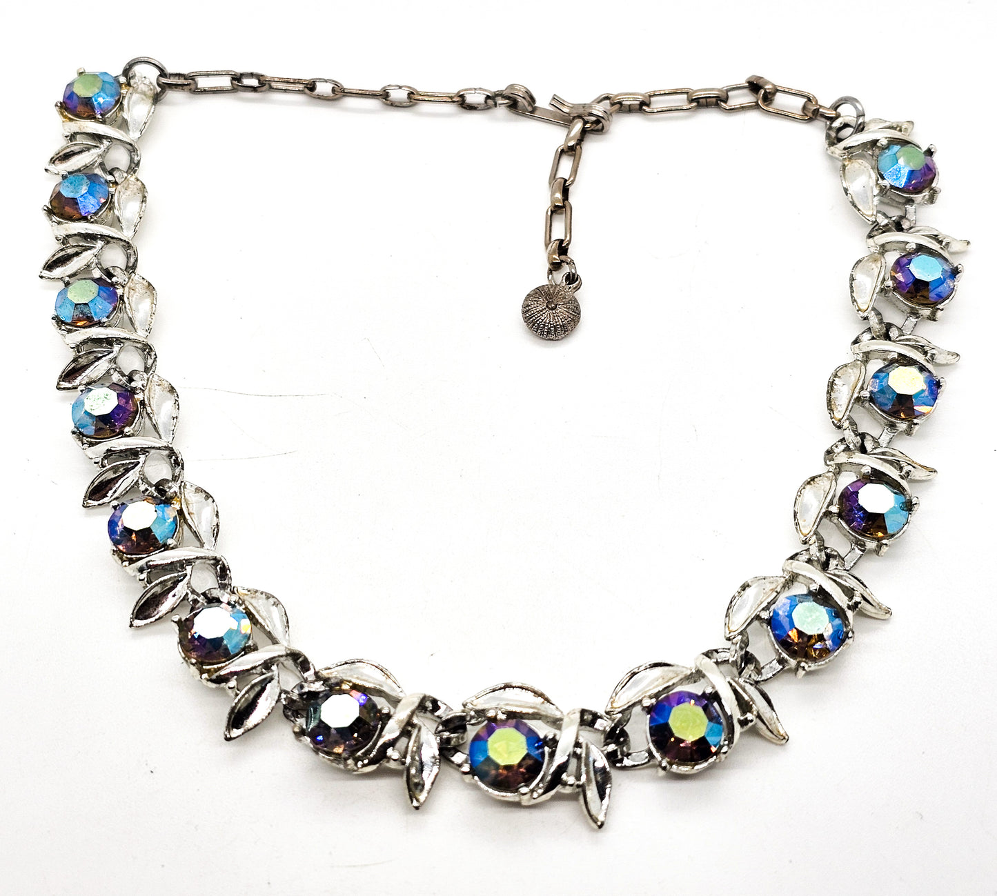 Blue Aurora Borealis silver toned flower vintage mid century pin up necklace